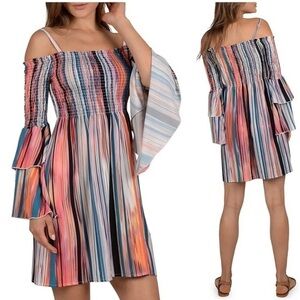 Molly Bracken Boho Off Shoulder Smocked Peasant Dress | Multicolor | Size L